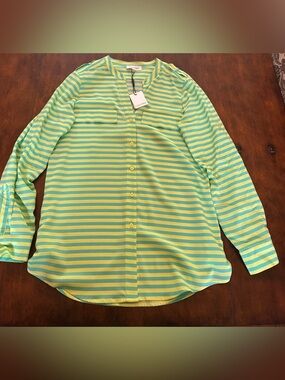 Calvin Klein Lime Yellow and Aqua Striped Blouse Button-Up